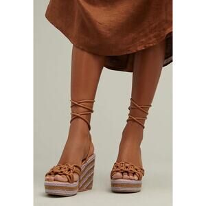 Anthropologie Raffia Purple Brown Woven Espadrille Platform Lace Up Sandals 9